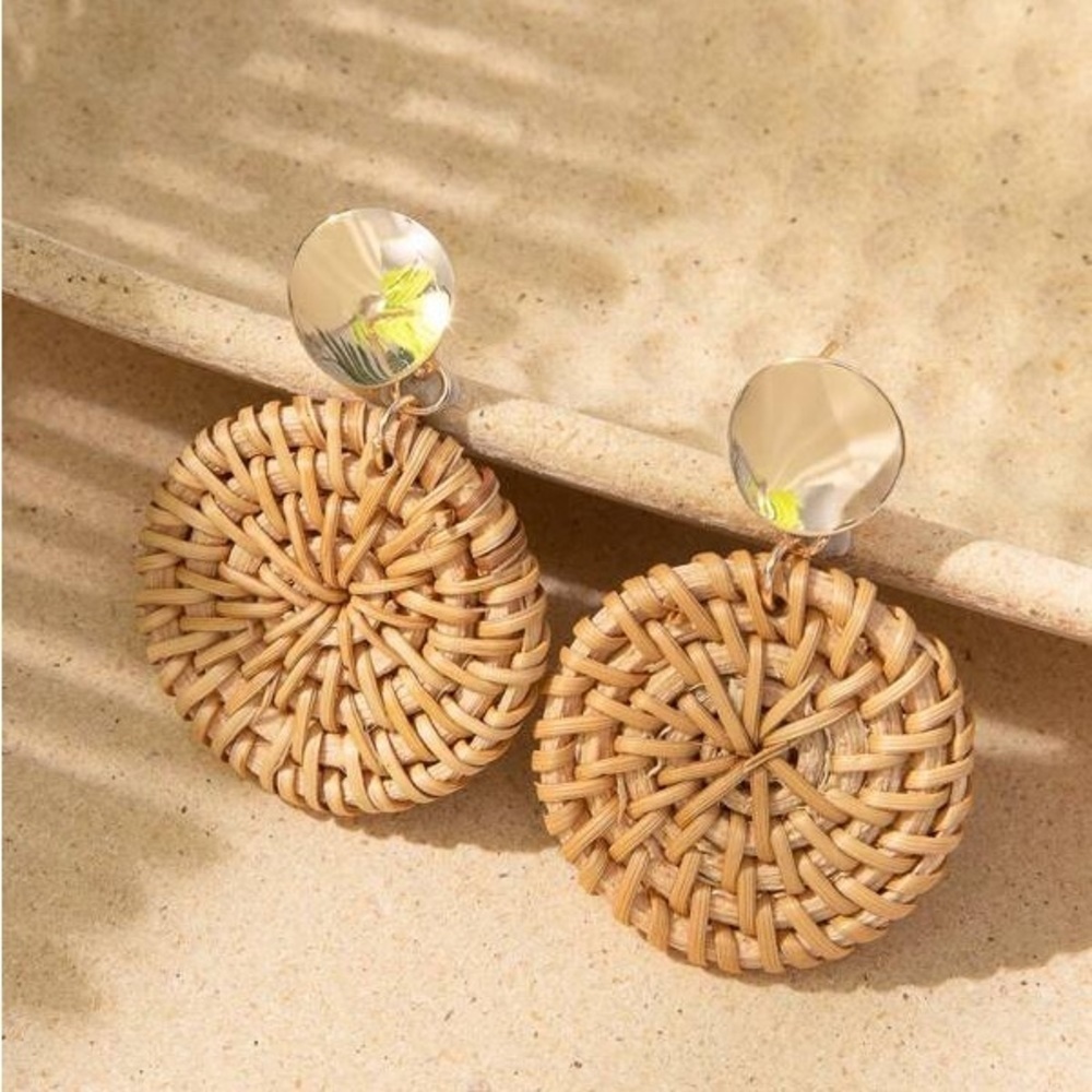 Boho Rattan Round Drop Earrings with Gold ER13